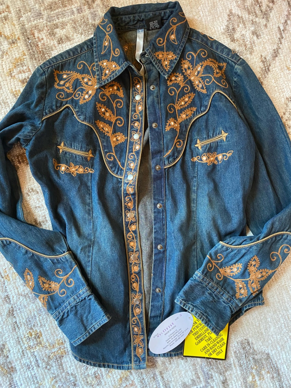 Embroidered Western Denim Snap-Up Shirt Jacket - Blue with Gold Accents